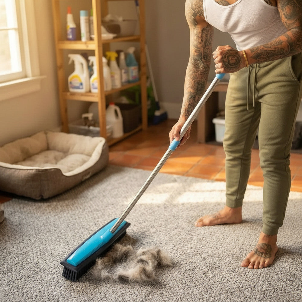 A man with tattoos uses a pet grooming brush to remove loose fur from a gray carpet in a home setting. The brush has a bright blue and silver handle with black bristles, and the man is wearing a white tank top and olive green sweatpants. with his legs and feet visible
